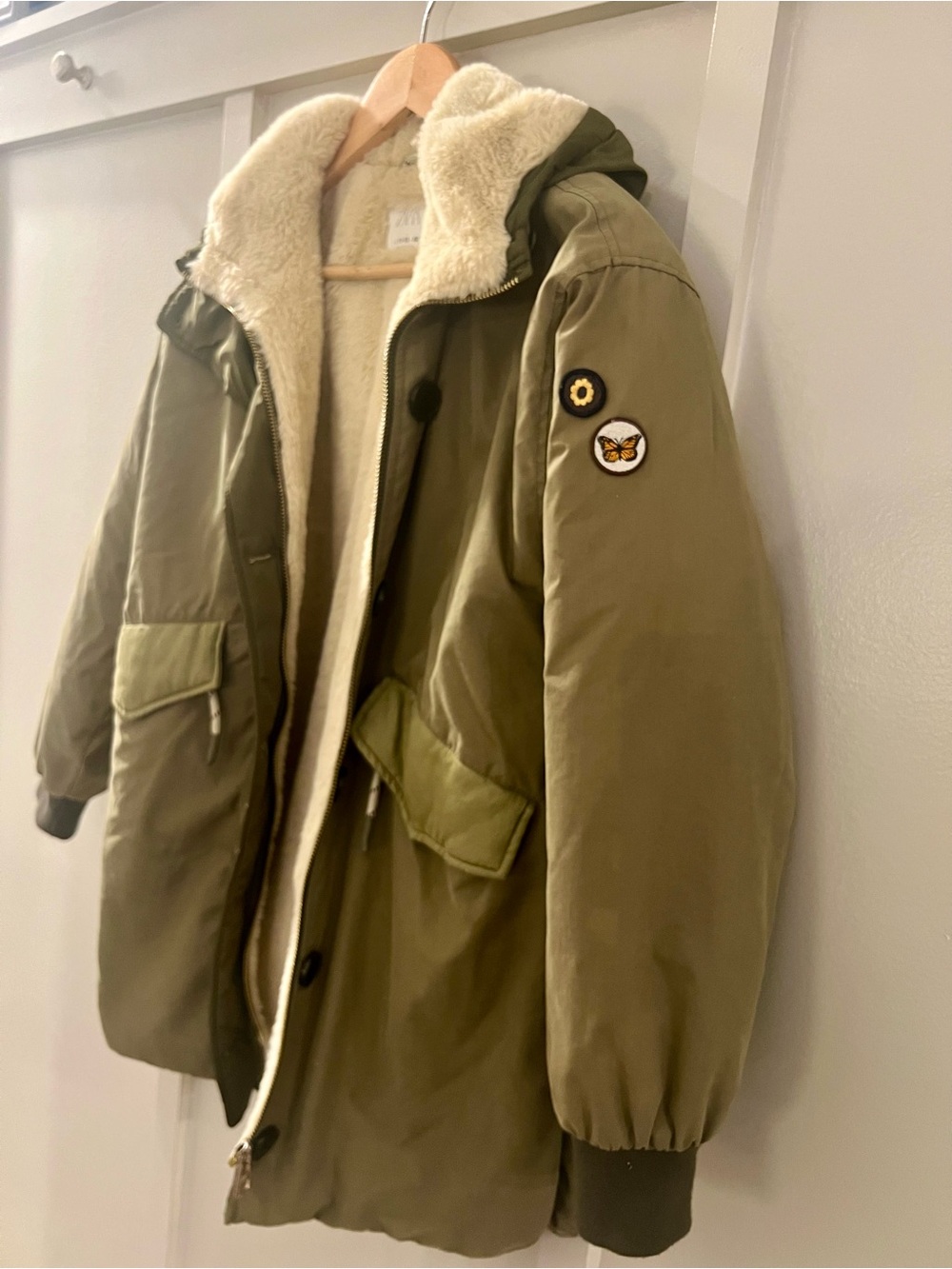 Zara Olive Green Hooded Sherpa-Lined Puffer Jacket